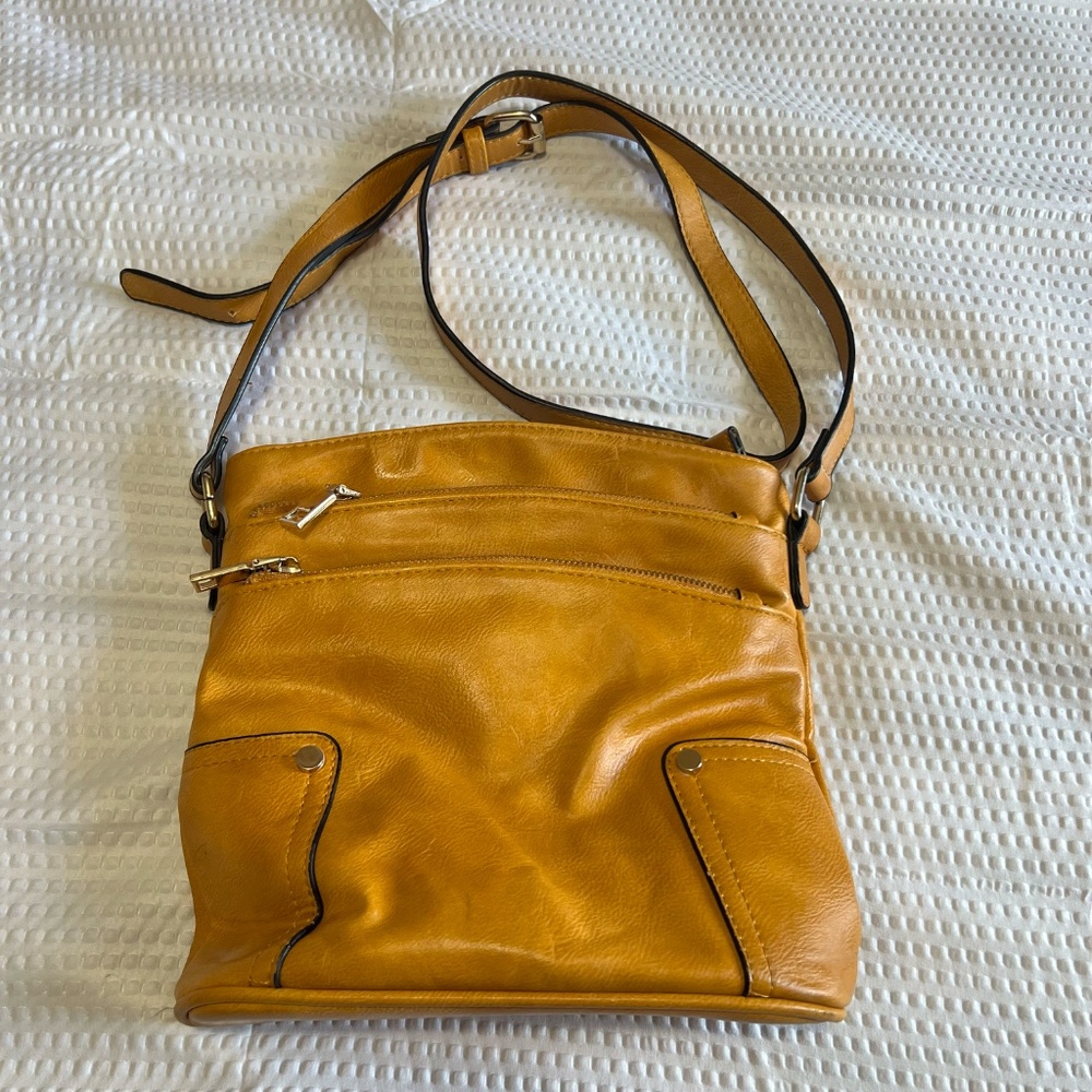 Women’s Mustard Yellow Leather Crossbody Purse with Multiple Pockets